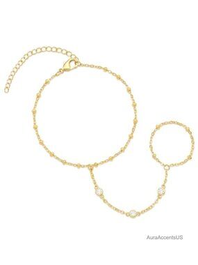 14K Gold Hand Chain Bracelet for Women, Minimalist Bead Chain Ring Bracelet,